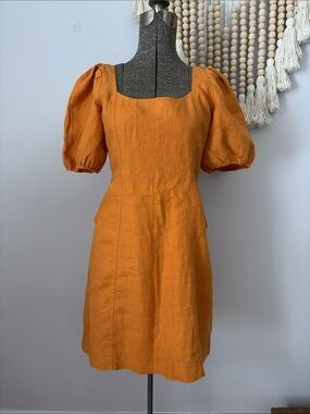 Madewell Rust Orange Puff-Sleeve 100% Linen Dress, cotton lined